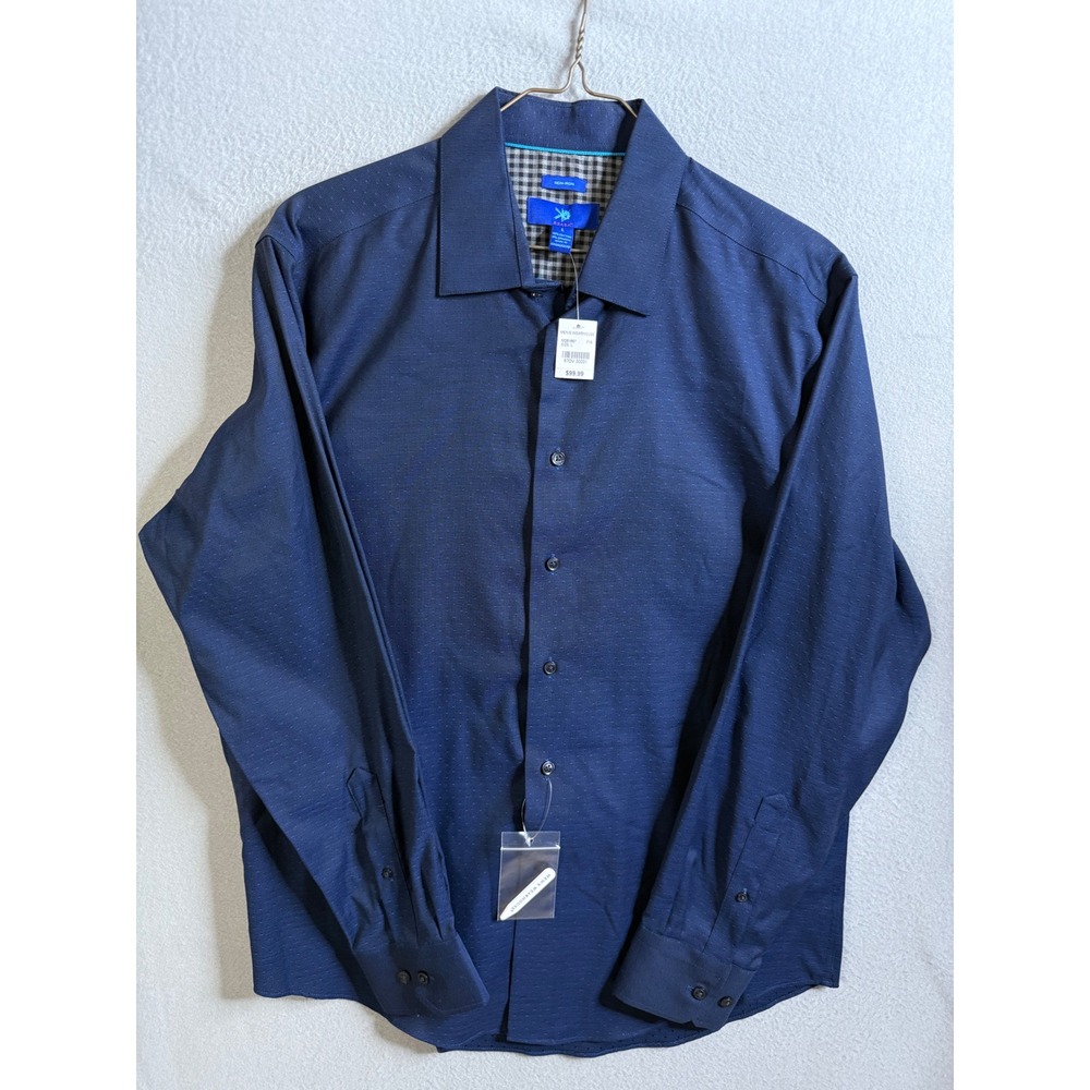 Egara Dress Shirt Men's Large Long Sleeve Navy‎ Blue Checkered Non-Iron NWT